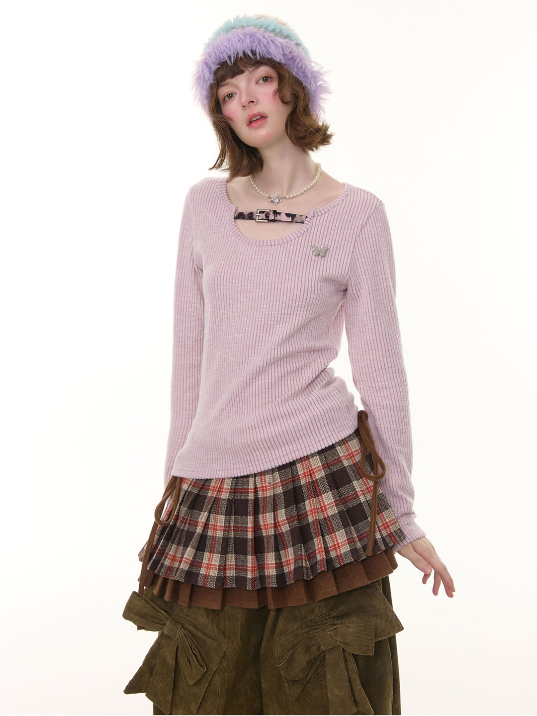 Leopard Buckle Ribbed Knit Top