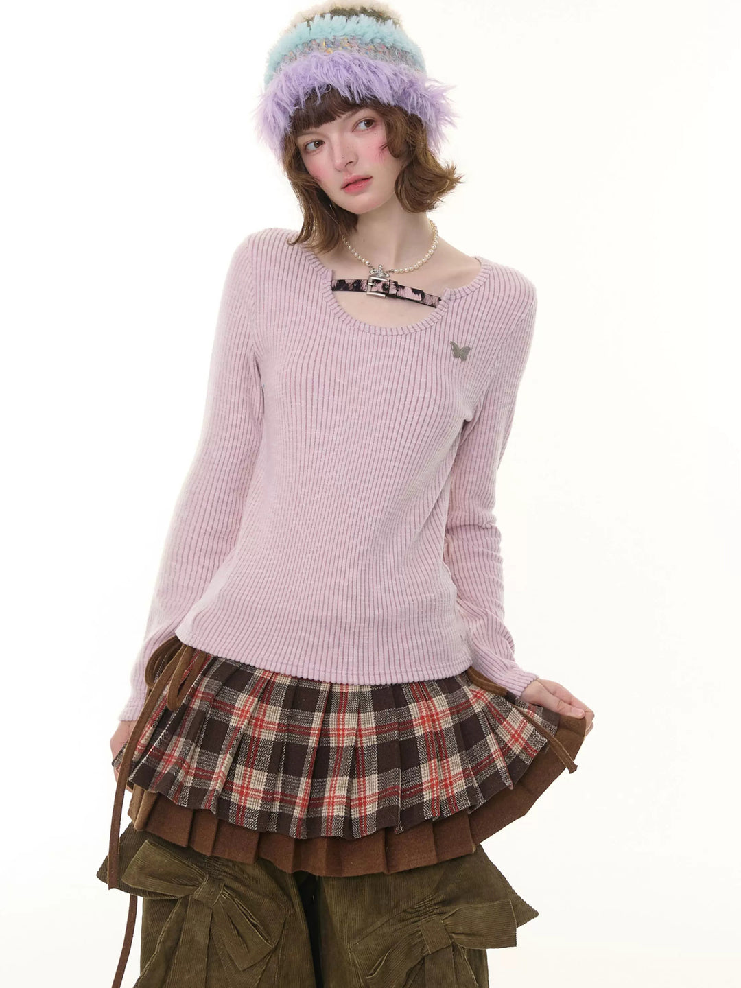 Leopard Buckle Ribbed Knit Top