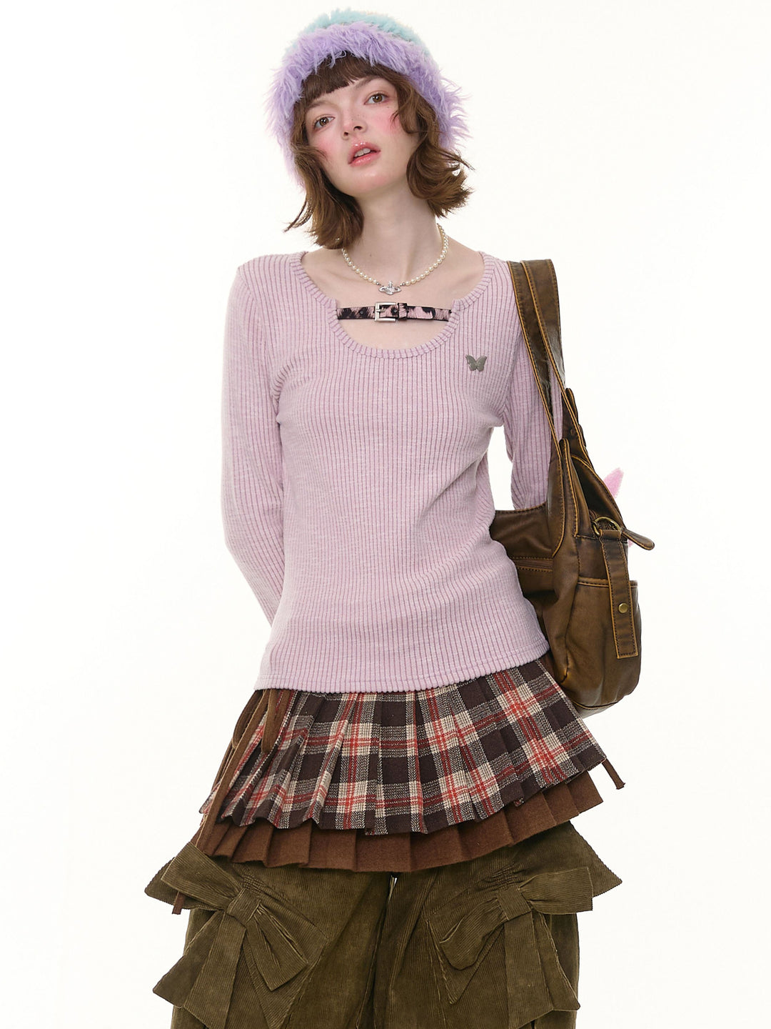 Leopard Buckle Ribbed Knit Top