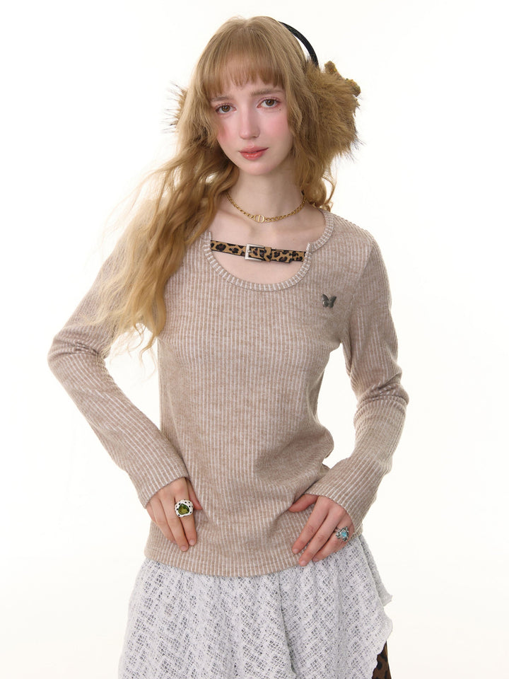 Leopard Buckle Ribbed Knit Top