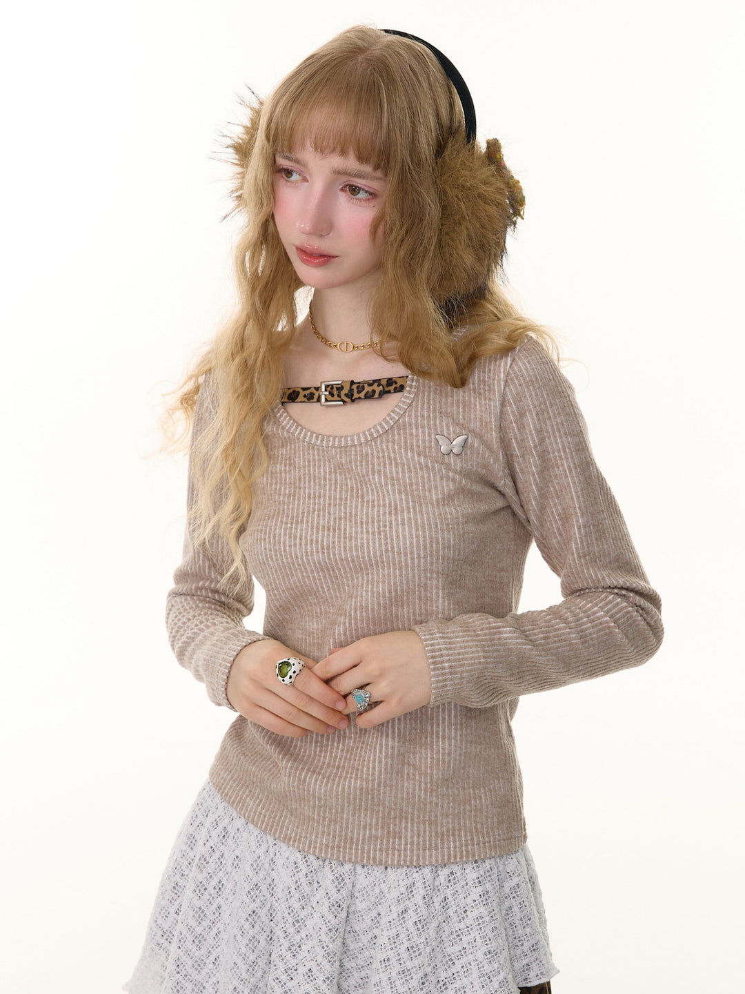 Leopard Buckle Ribbed Knit Top