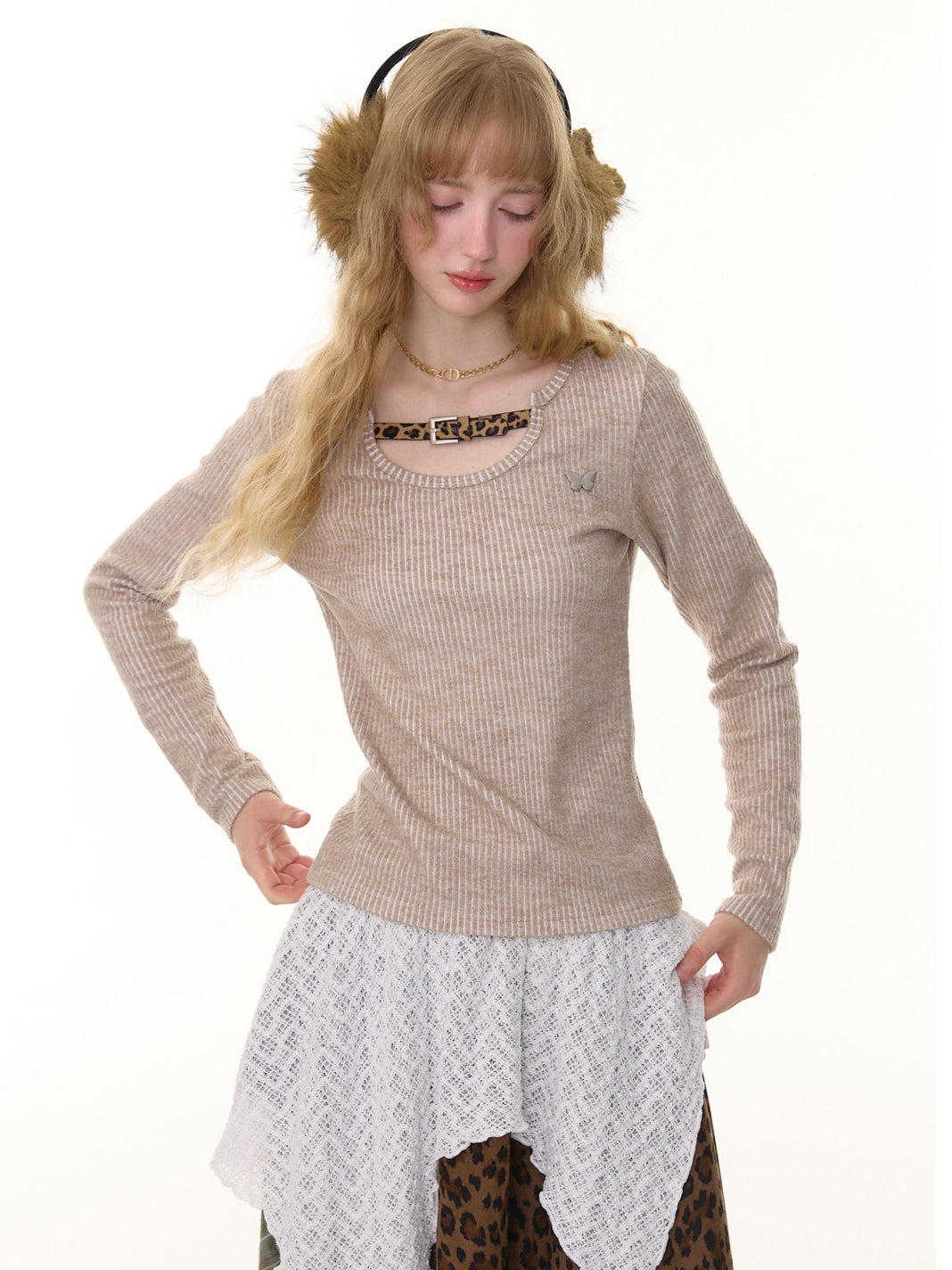 Leopard Buckle Ribbed Knit Top