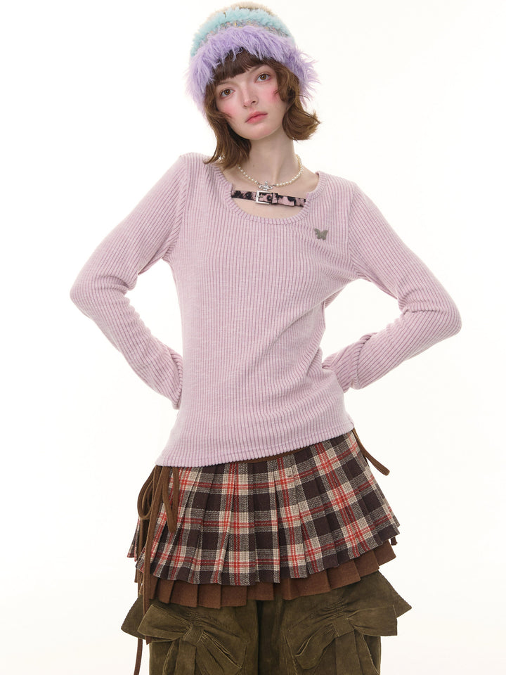 Leopard Buckle Ribbed Knit Top