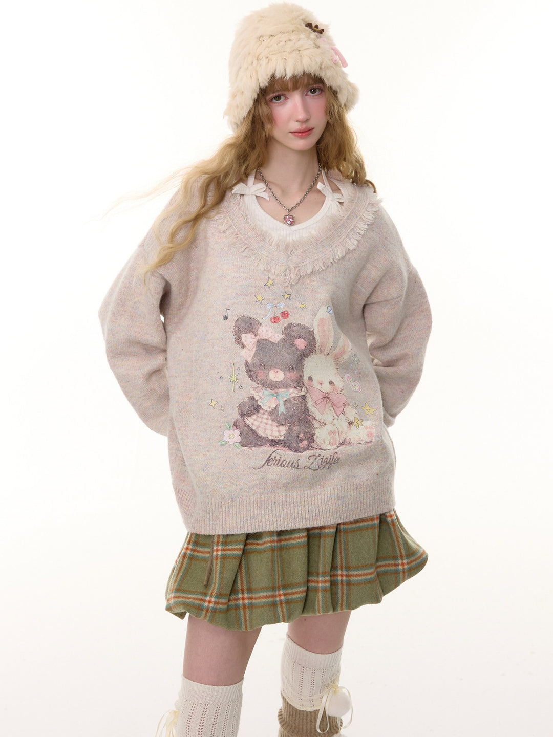 Bear and Bunny Fringe V-Neck Sweater