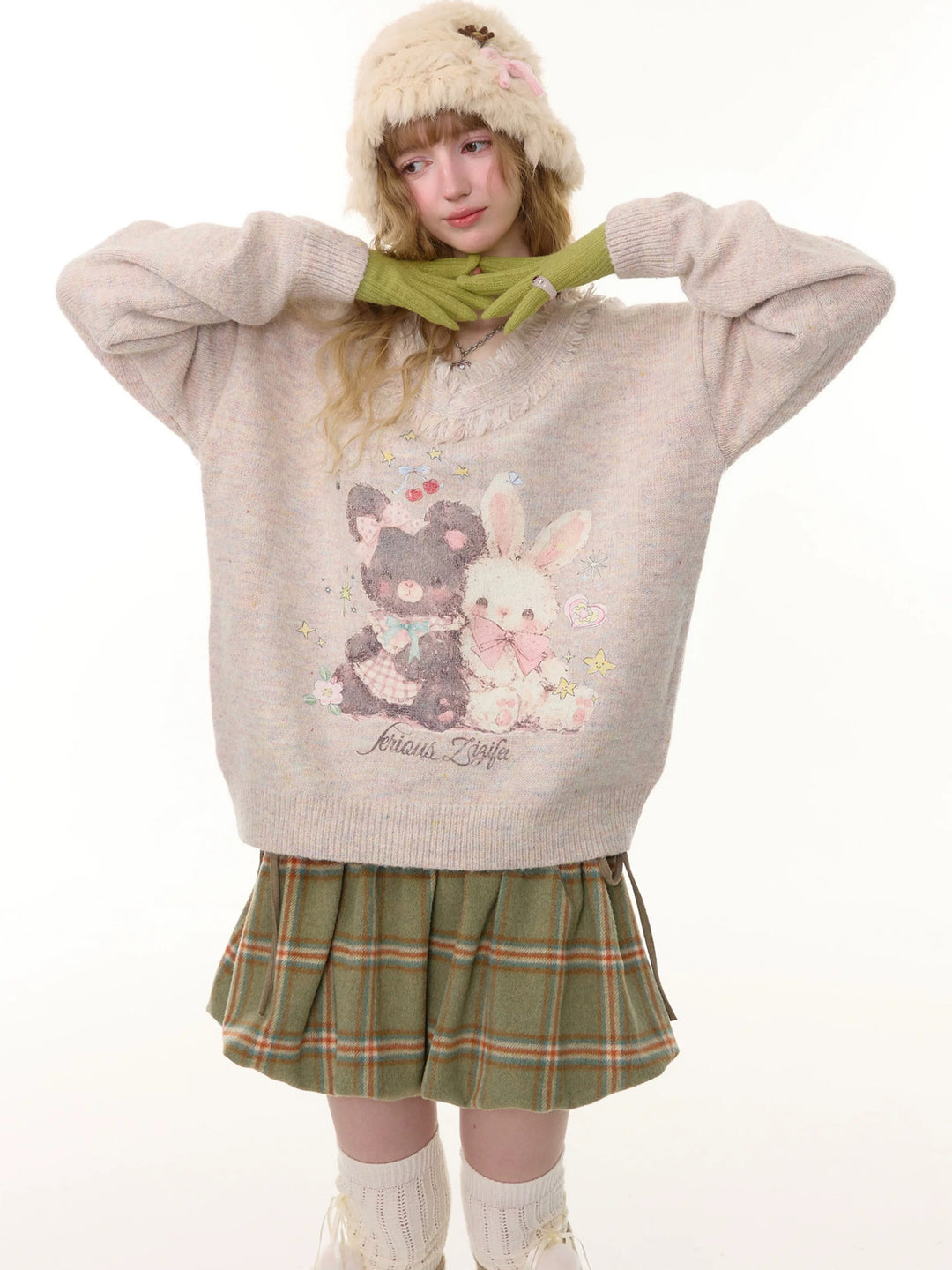 Bear and Bunny Fringe V-Neck Sweater