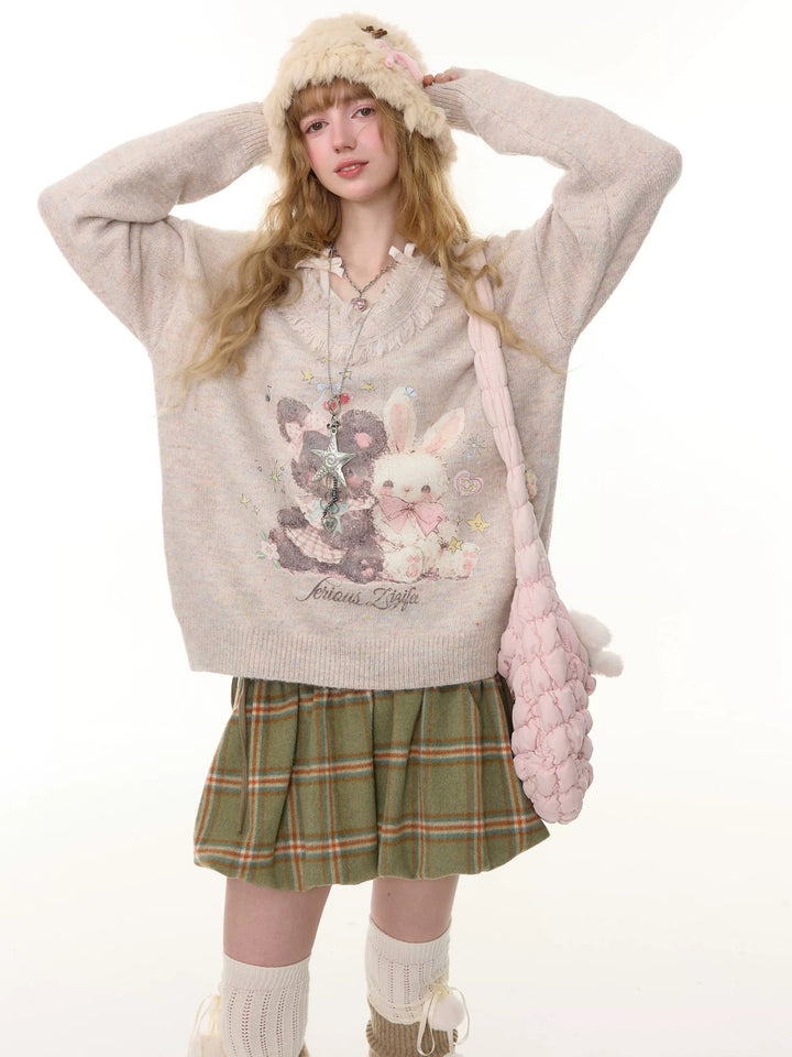Bear and Bunny Fringe V-Neck Sweater
