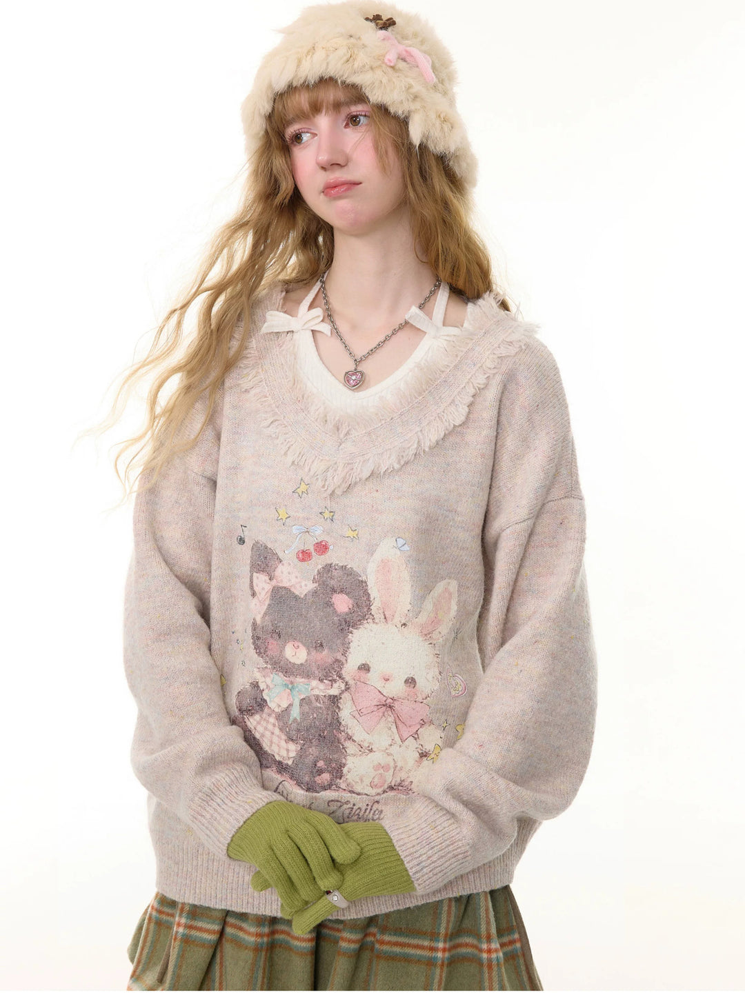 Bear and Bunny Fringe V-Neck Sweater