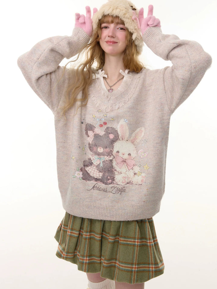 Bear and Bunny Fringe V-Neck Sweater
