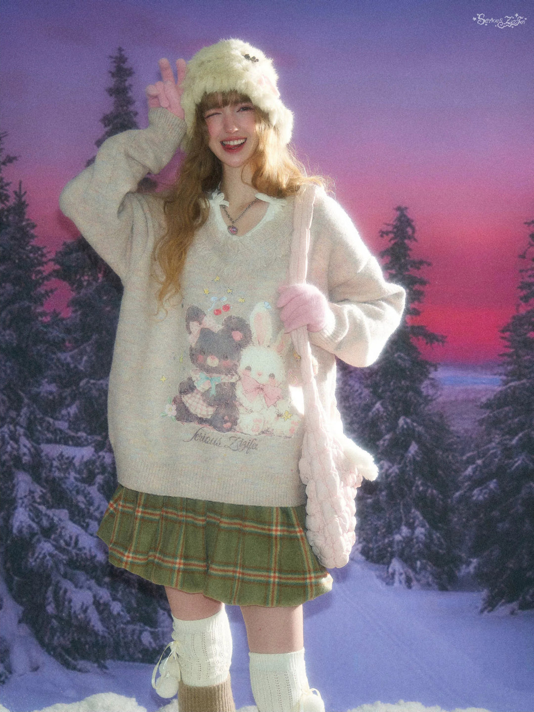 Bear and Bunny Fringe V-Neck Sweater