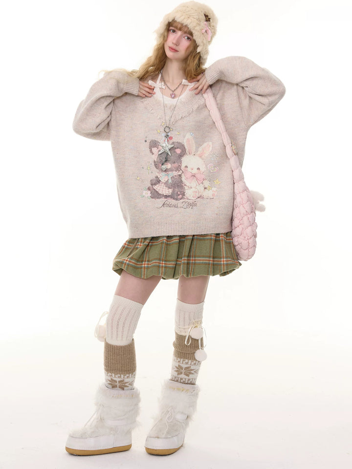 Bear and Bunny Fringe V-Neck Sweater