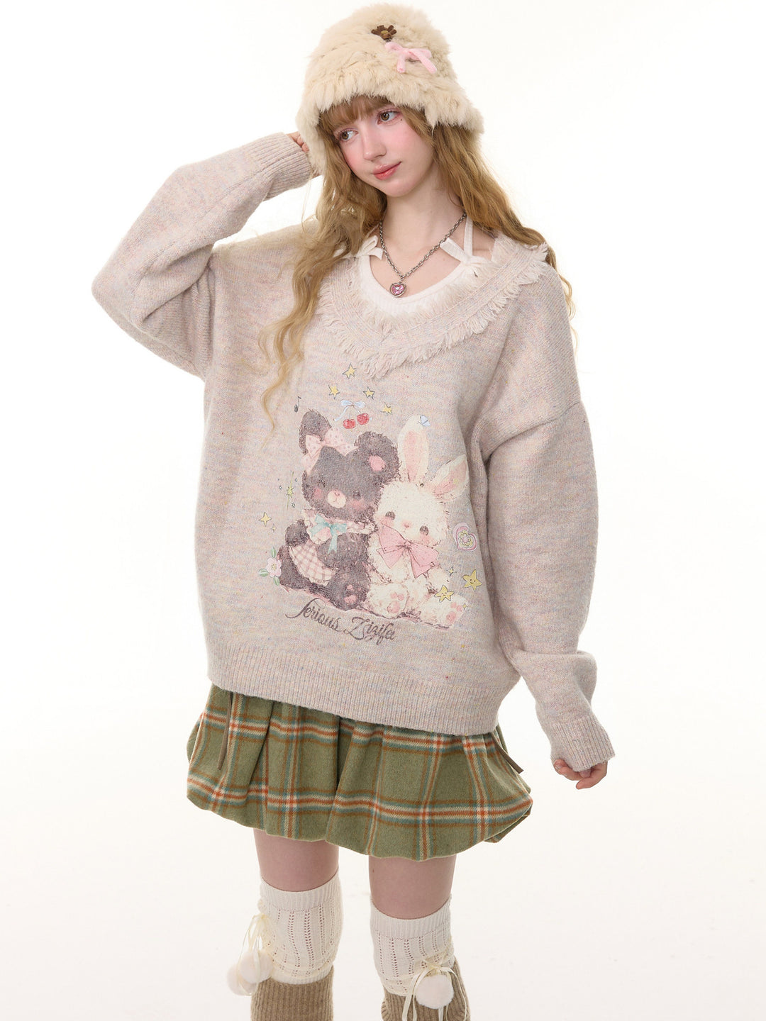 Bear and Bunny Fringe V-Neck Sweater