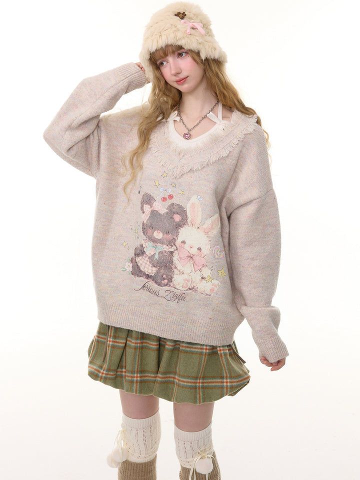 Bear and Bunny Fringe V-Neck Sweater