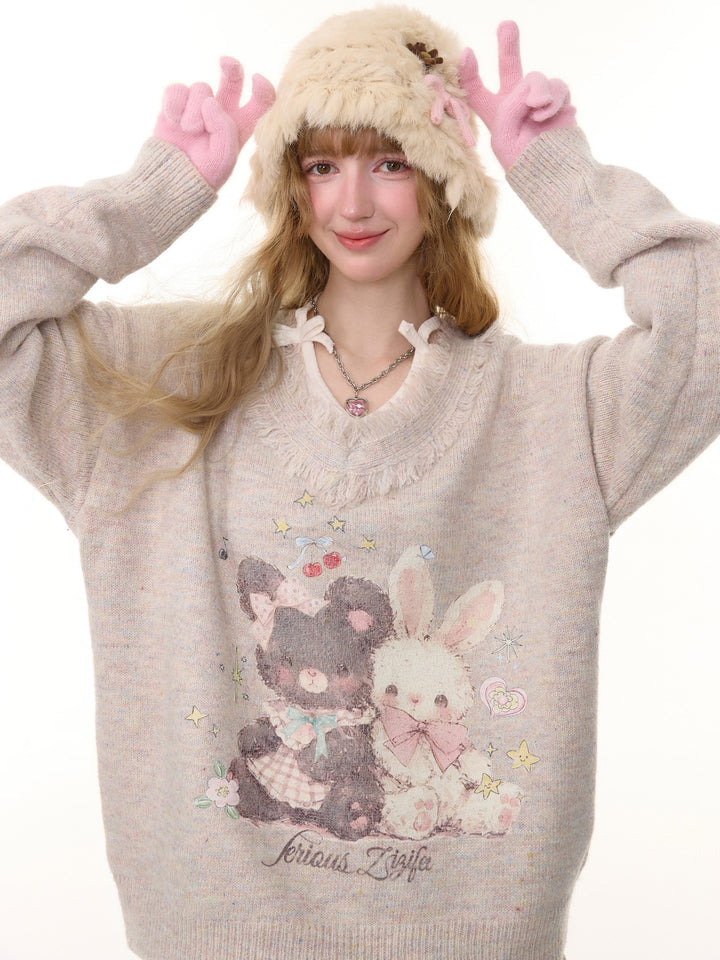 Bear and Bunny Fringe V-Neck Sweater
