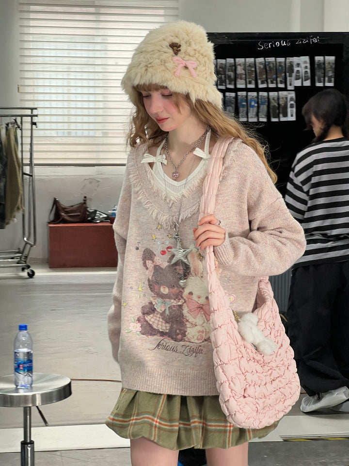 Bear and Bunny Fringe V-Neck Sweater
