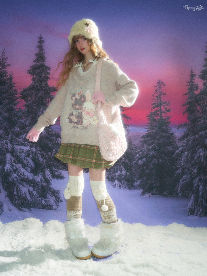 Bear and Bunny Fringe V-Neck Sweater
