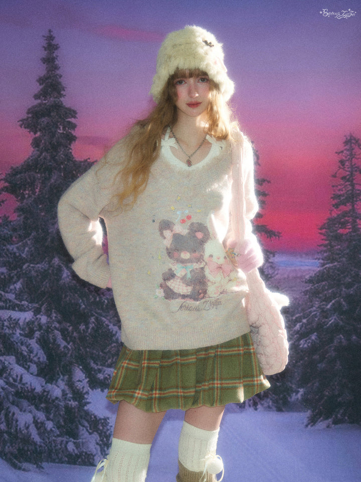 Bear and Bunny Fringe V-Neck Sweater