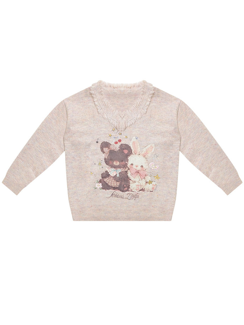 Bear and Bunny Fringe V-Neck Sweater