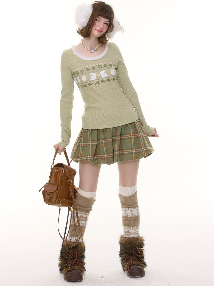 Green Plaid Bubble Mini Skirt