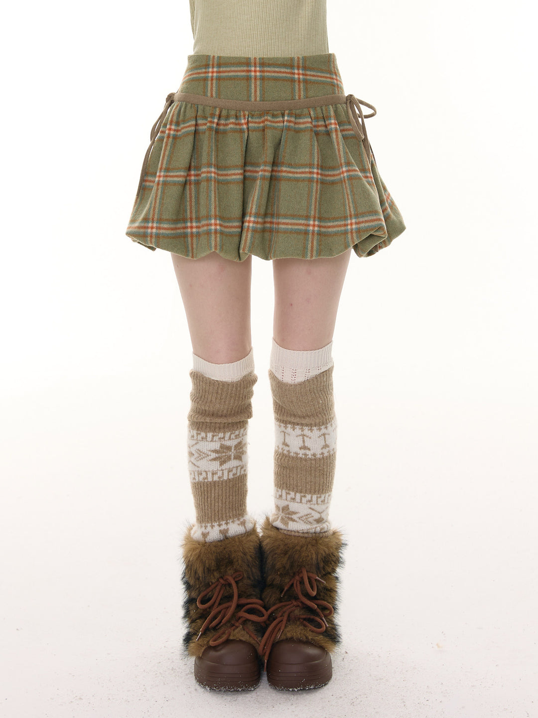 Green Plaid Bubble Mini Skirt