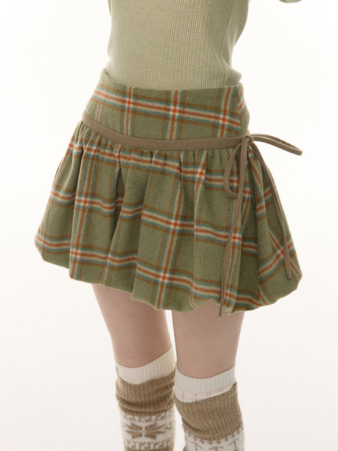 Green Plaid Bubble Mini Skirt