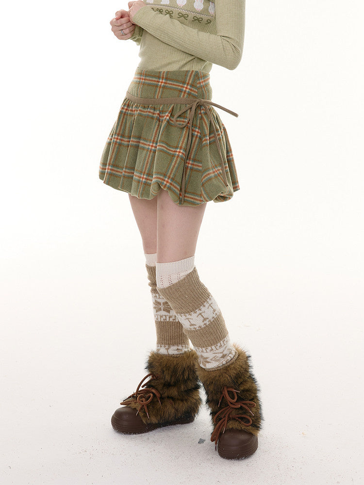 Green Plaid Bubble Mini Skirt