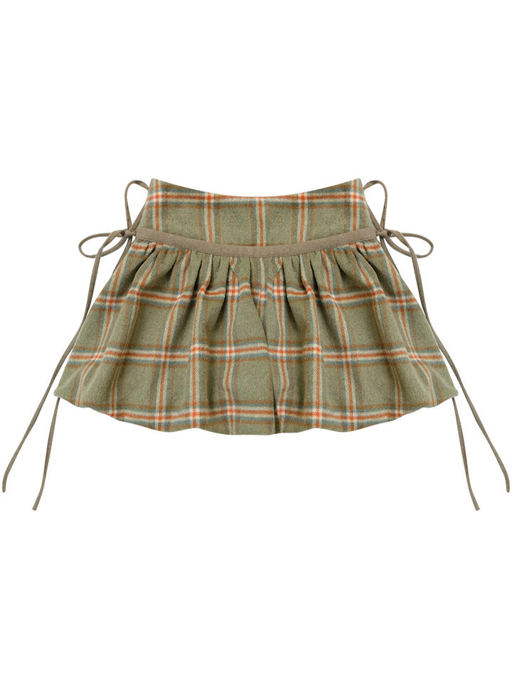 Green Plaid Bubble Mini Skirt