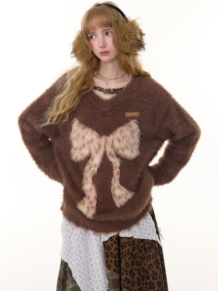 Fuzzy Leopard Bow Sweater