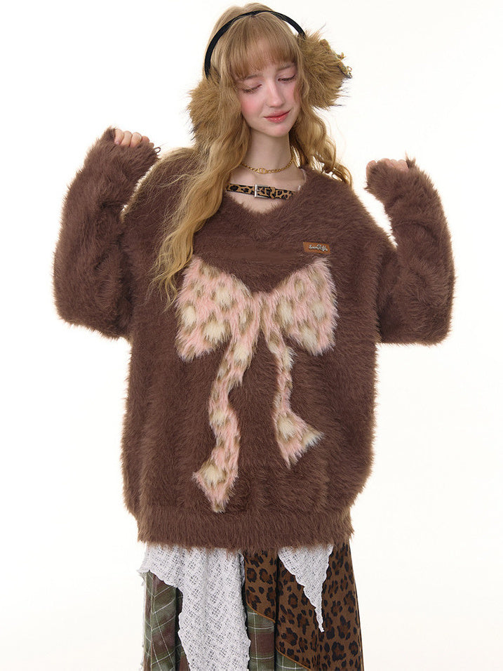 Fuzzy Leopard Bow Sweater