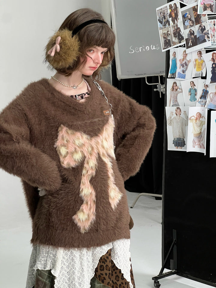 Fuzzy Leopard Bow Sweater