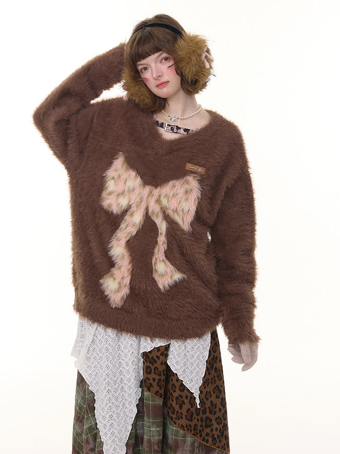 Fuzzy Leopard Bow Sweater