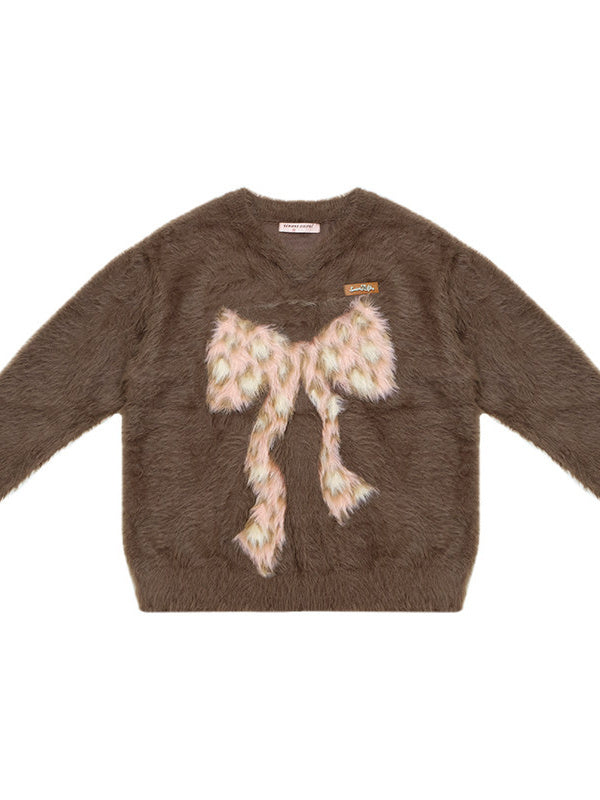 Fuzzy Leopard Bow Sweater