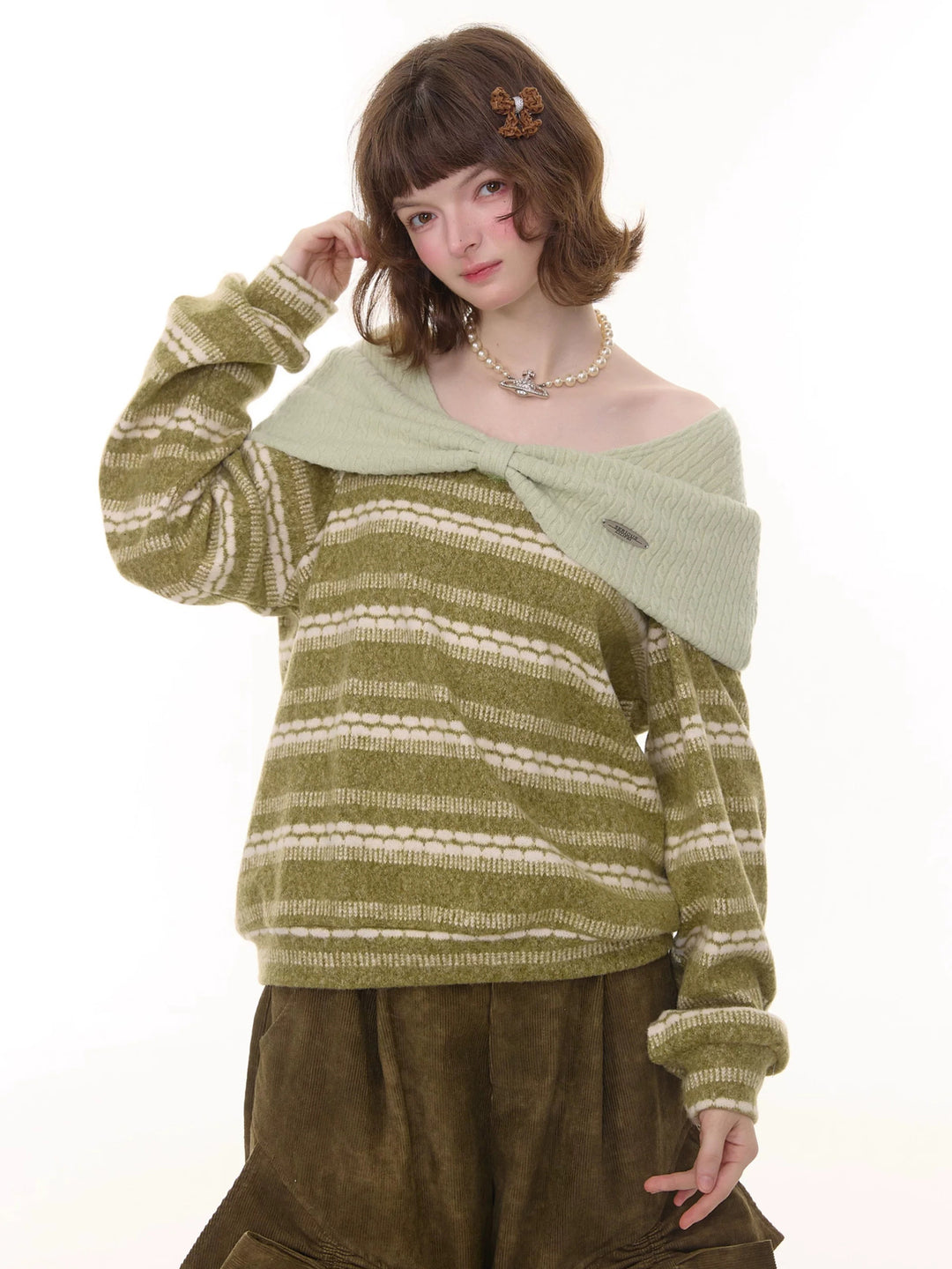 Striped Bow Collar Knit Sweater