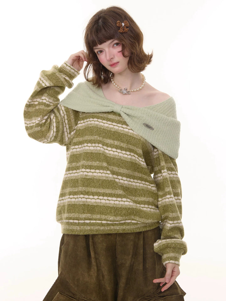 Striped Bow Collar Knit Sweater