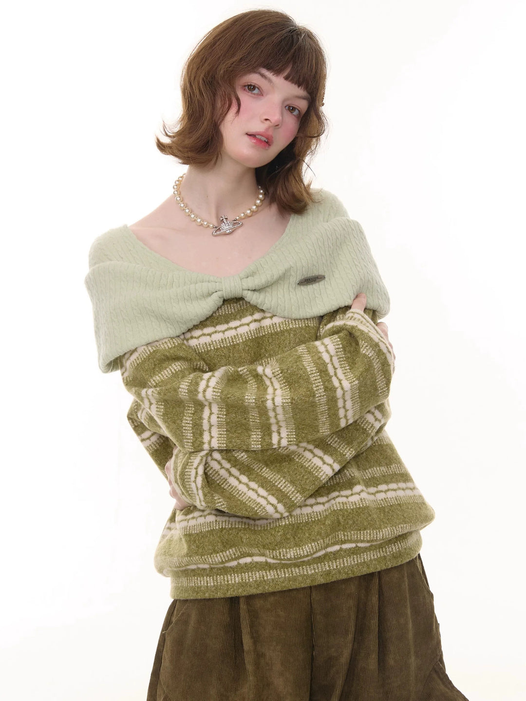 Striped Bow Collar Knit Sweater