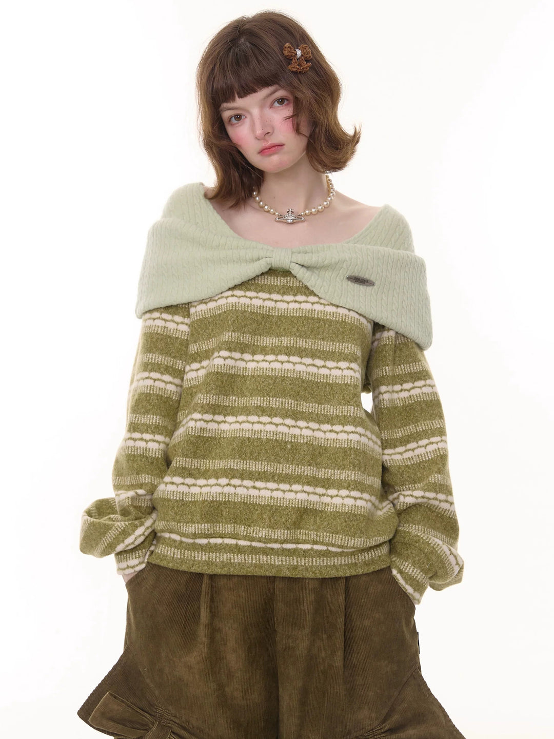 Striped Bow Collar Knit Sweater