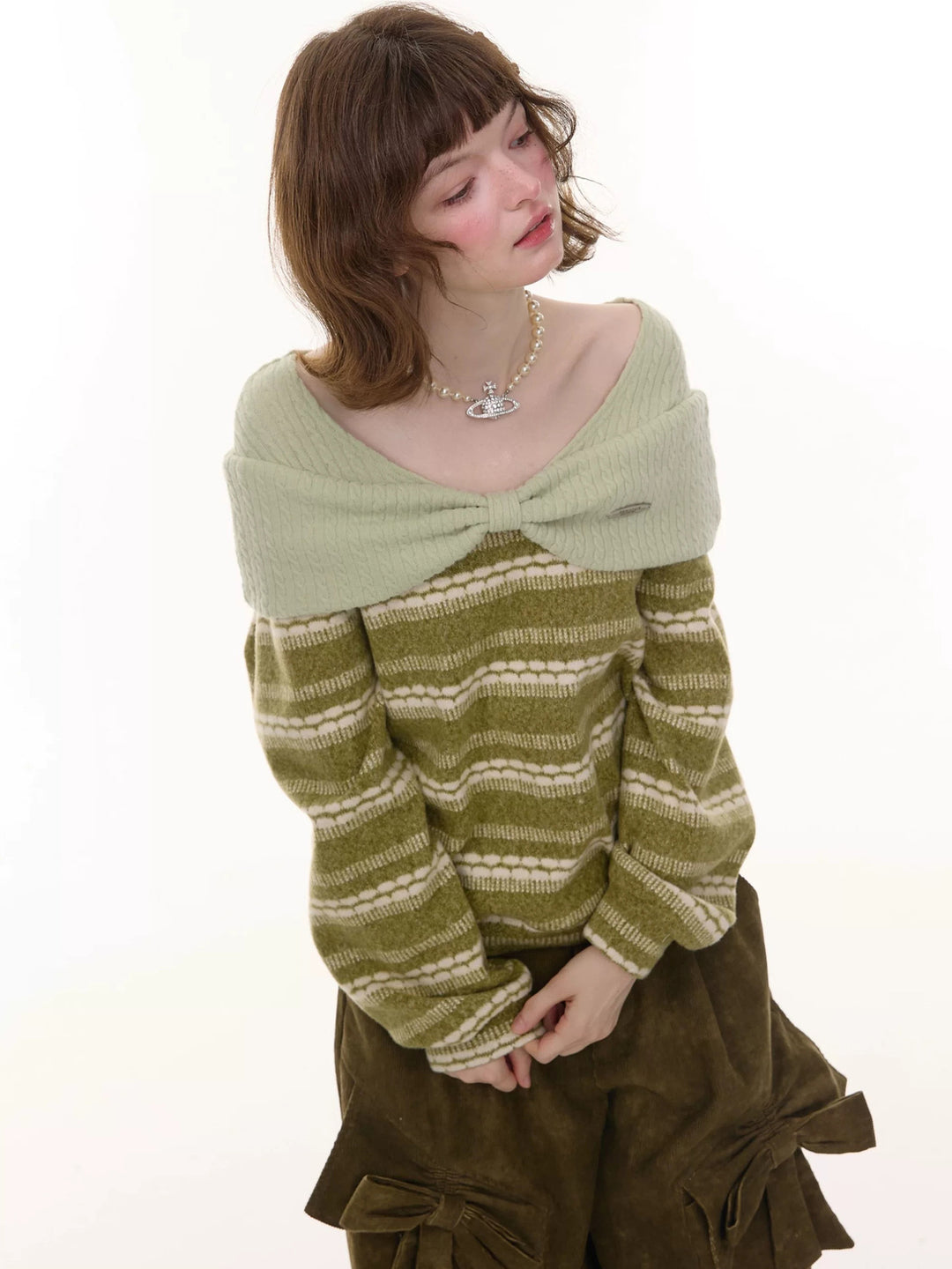 Striped Bow Collar Knit Sweater
