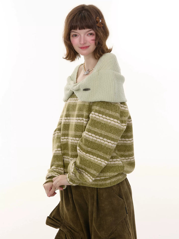 Striped Bow Collar Knit Sweater
