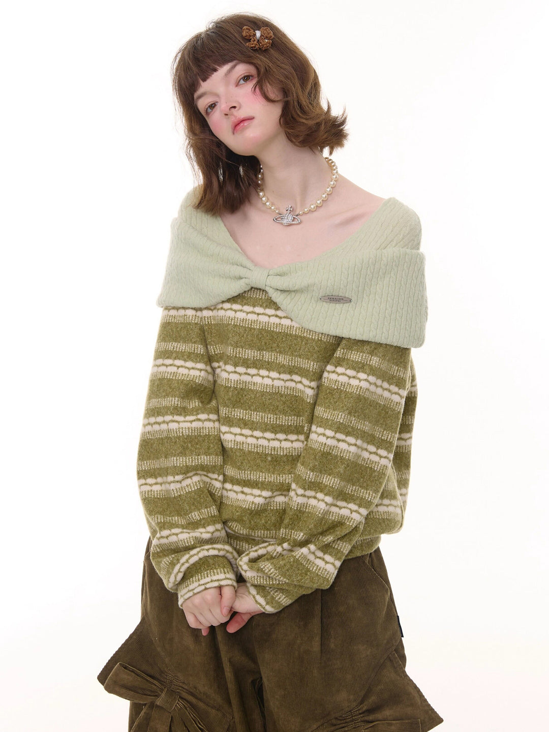 Striped Bow Collar Knit Sweater