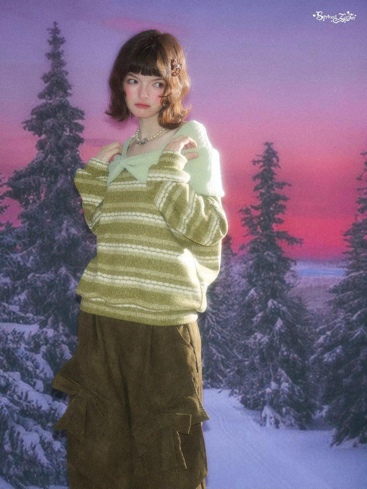 Striped Bow Collar Knit Sweater