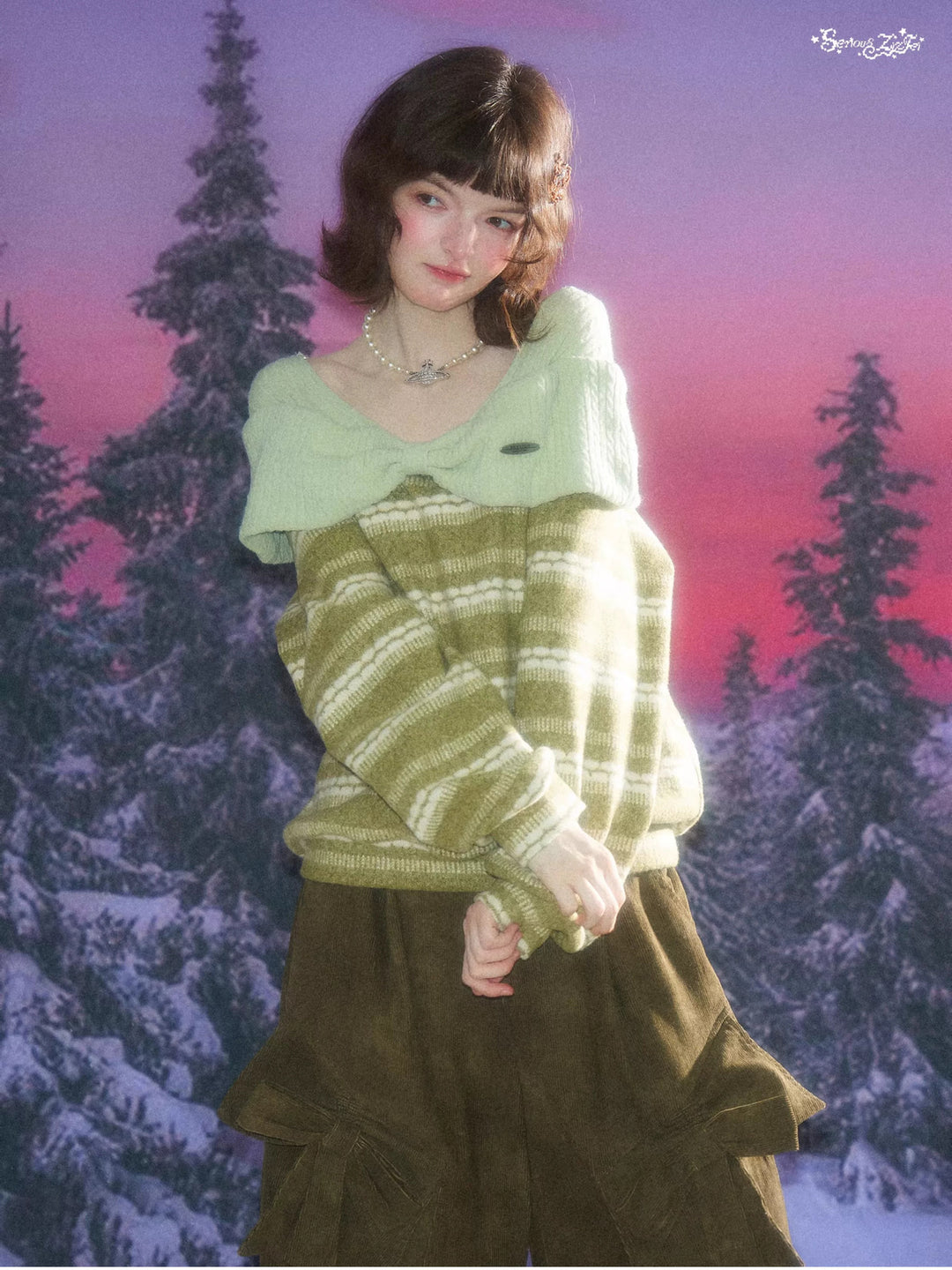 Striped Bow Collar Knit Sweater