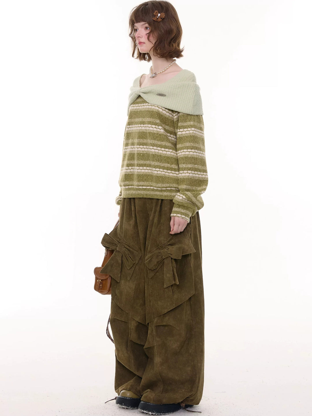Striped Bow Collar Knit Sweater