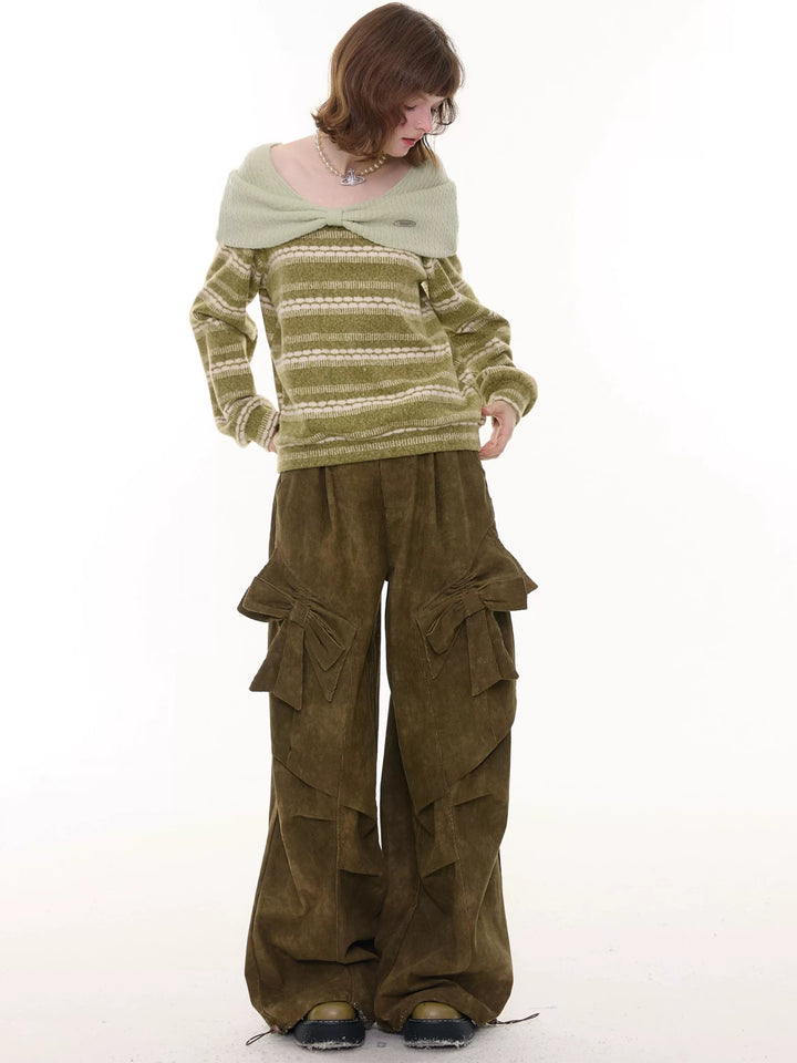 Striped Bow Collar Knit Sweater