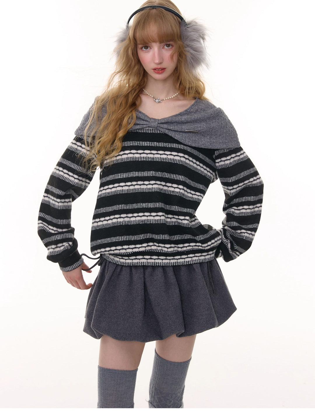 Striped Bow Collar Knit Sweater