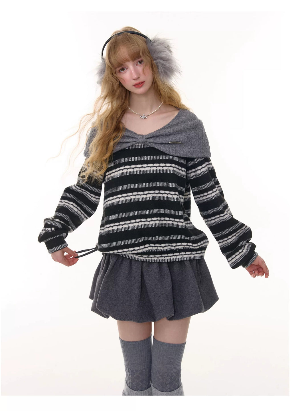 Striped Bow Collar Knit Sweater