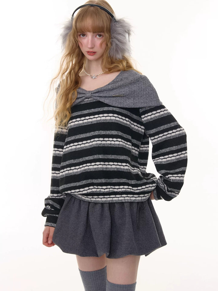 Striped Bow Collar Knit Sweater