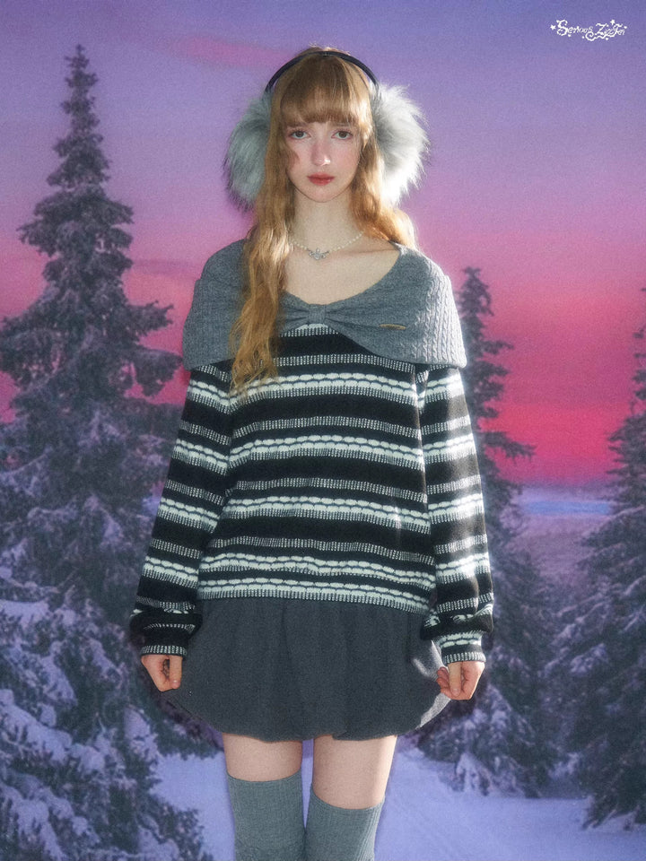 Striped Bow Collar Knit Sweater