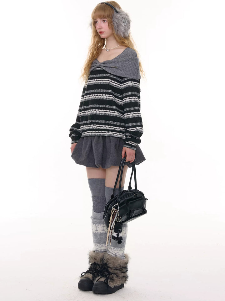 Striped Bow Collar Knit Sweater