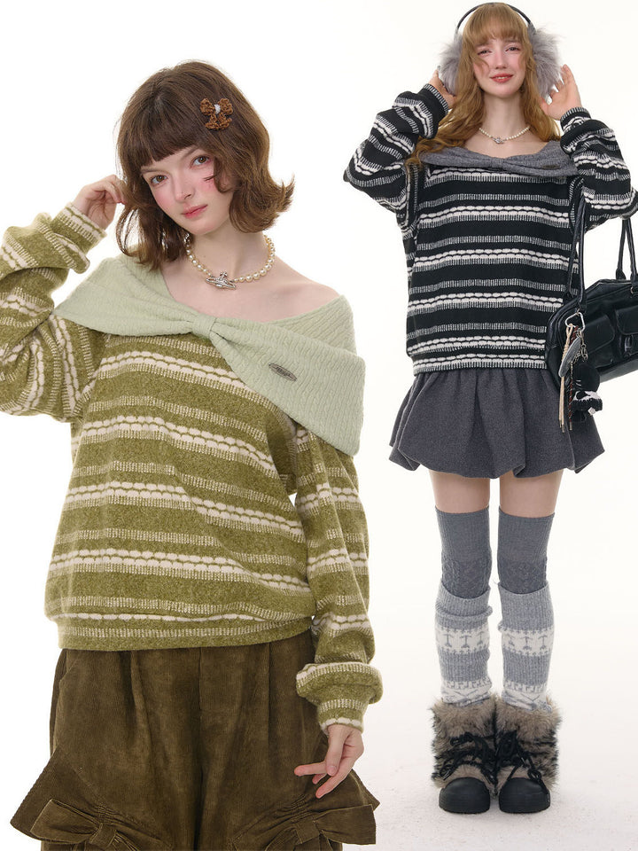 Striped Bow Collar Knit Sweater