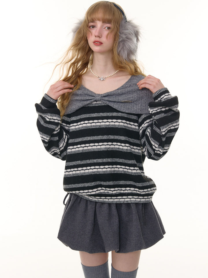 Striped Bow Collar Knit Sweater