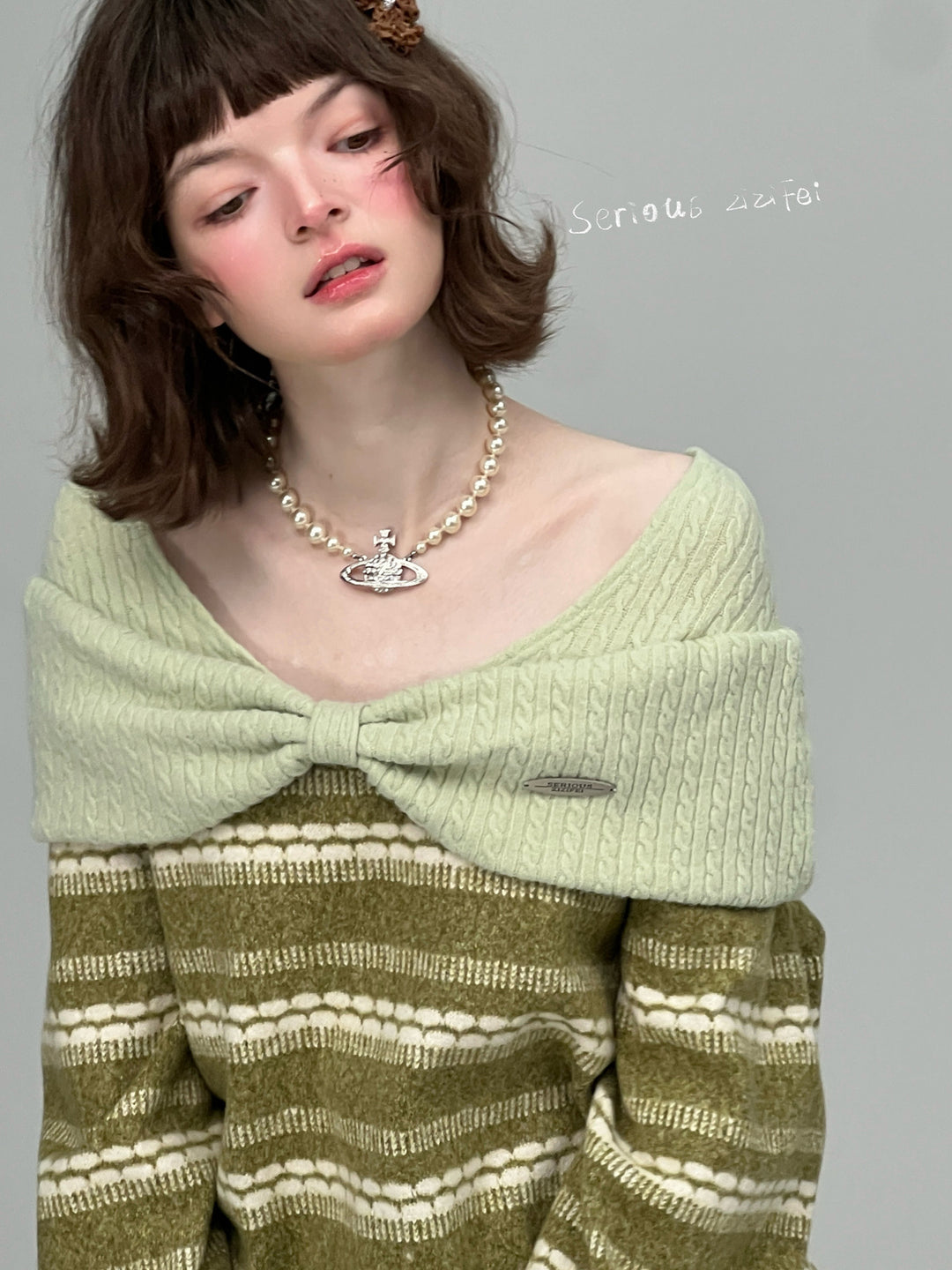 Striped Bow Collar Knit Sweater
